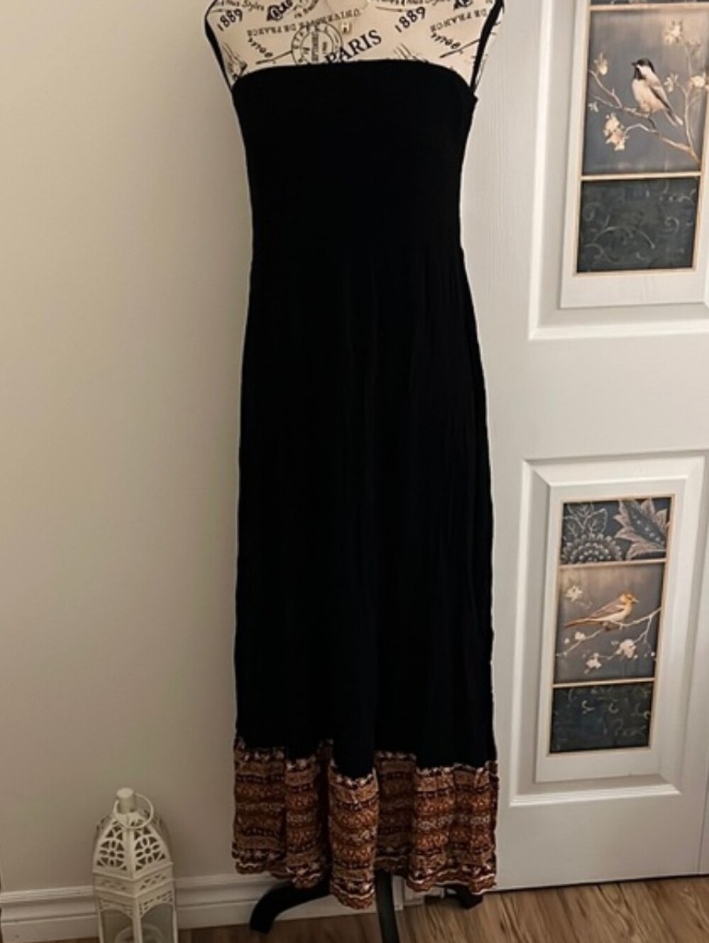 Classic Strapless Black Dress with Brown Patterned Hem